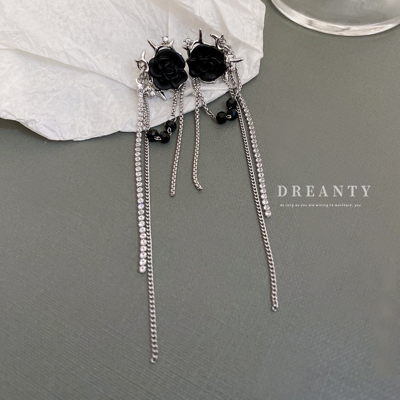 Bông Tai Tua Rua Đính Kim Cương Pha Lê Hoa Hồng Đen Không Xỏ Lỗ Phong Cách Cá Tính Ngọt Ngào Dành Cho Nữ