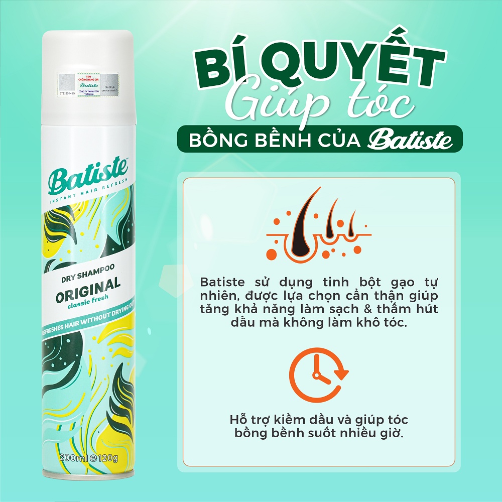 Dầu Gội Khô Batiste Dry Shampoo 200ml Dầu Gội Khô Hết Ngứa, Hết Bết Dính Tóc Bồng Bềnh Tức Thì