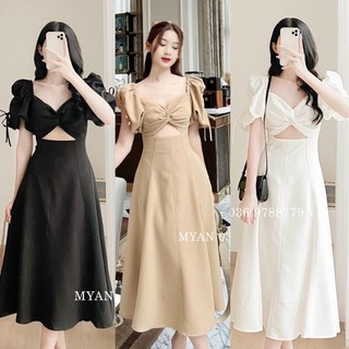 (Hình thật xem mô tả) Đầm midi xoắn khoét ngực tay phồng nơ (Đen/Be/Trắng)