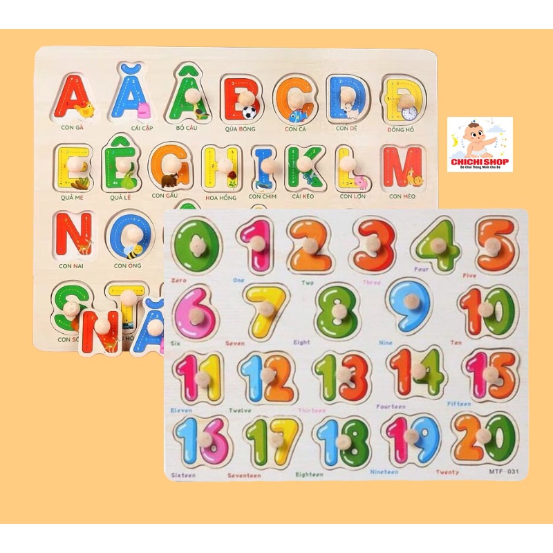 Bộ 2 Bảng Lắp Ghép Chữ Cái Tiếng Việt In Hoa Và Số Bằng Gỗ Có Núm Cầm Tiện Lợi Và Hình Ảnh Minh Họa Sinh Động