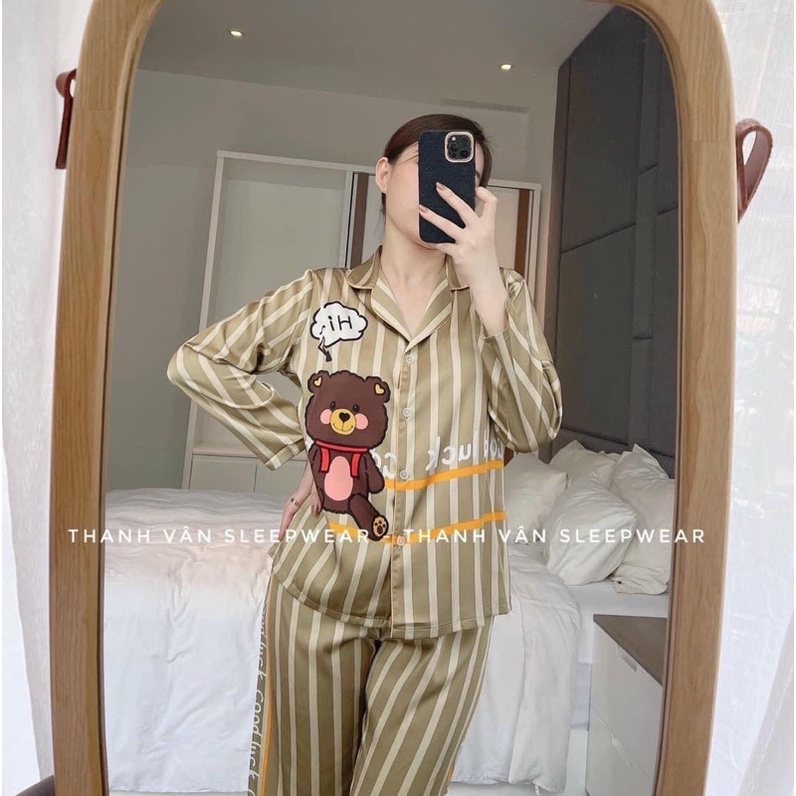 Set đồ mặc nhà lụa tay dài phối sọc gấu nâu