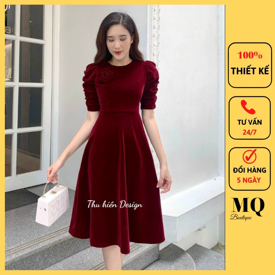 Váy nhung dáng xòe dài nữ cổ tròn đính hoa ngực tay rúm xòe dài dự tiệc cao cấp, đầm nhung thiết kế MQ Boutique cao cấp