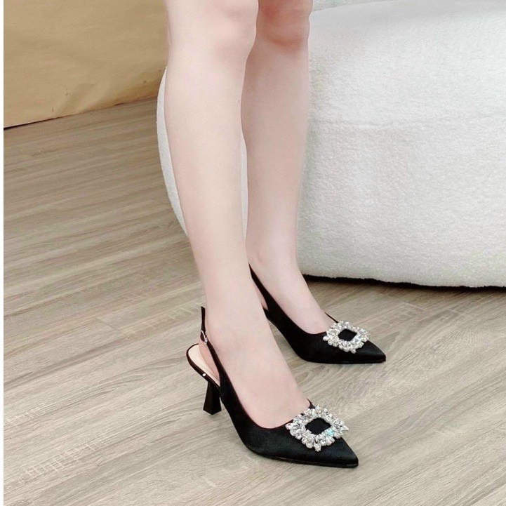 Guốc nữ , dép nữ cao gót 3p mũi nhọn hoa đá phối dây hậu dễ đi cực đẹp