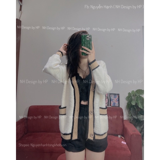 Cadigan lông thỏ pha viền - áo khoác len lông thỏ