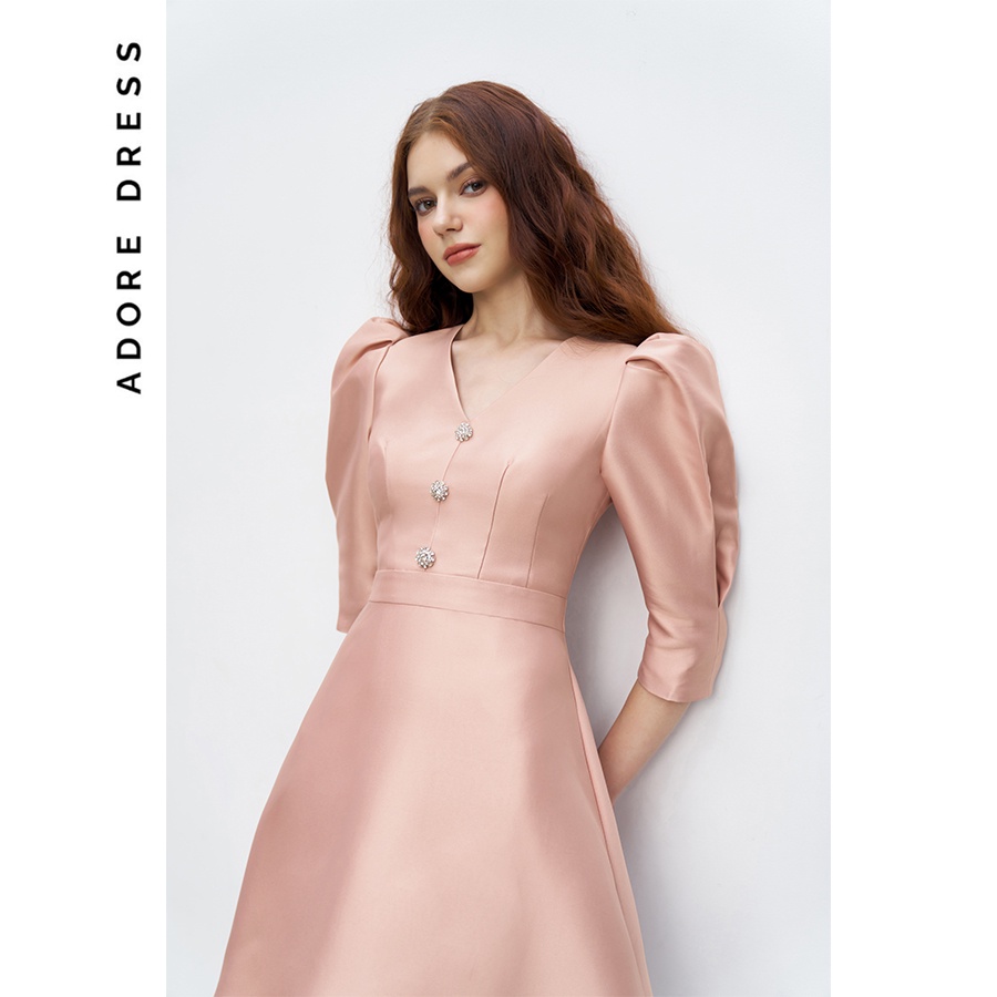 Váy tapta tay bồng midi be phối khuy đá 1VA1270 ADORE DRESS