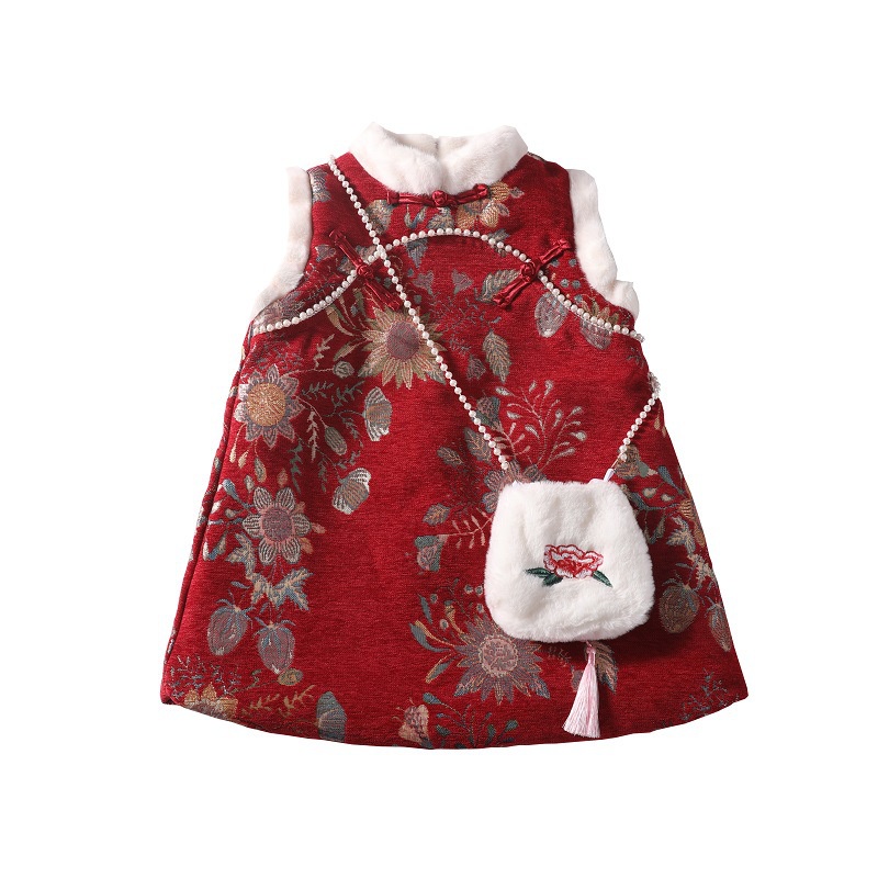 Đầm Sườn Xám May Chần Dày Dặn Phong Cách Trung Hoa Mừng Năm Mới Cho Bé Gái