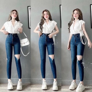 Quần jean nữ ống đứng dáng suông nữ cạp cao, quần bò nữ ống đứng trơn rách gối