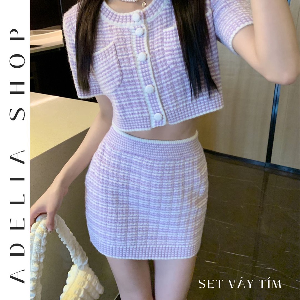 Sẵn -「ADELIA」Set Váy Len B6 Dệt Kim Tiểu Thư 2 Màu Tím Vàng Pastel Nhẹ Nhàng Hàng Quảng Châu Loại 1