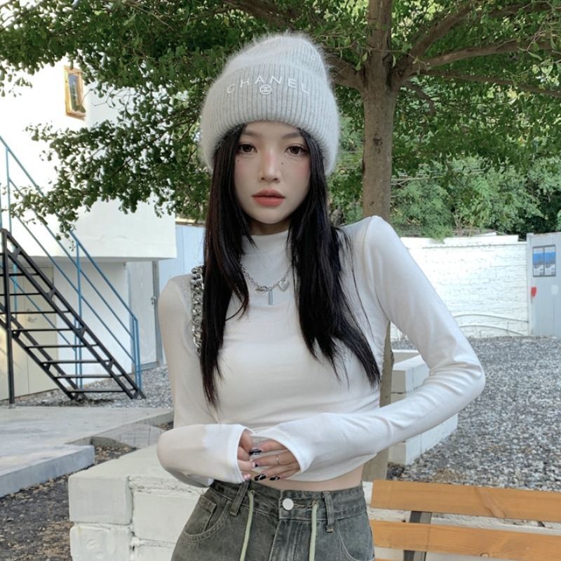 COZOKC COZOK Áo thun COZOK tay dài cổ cao màu sắc thời trang đơn giản cho nữ