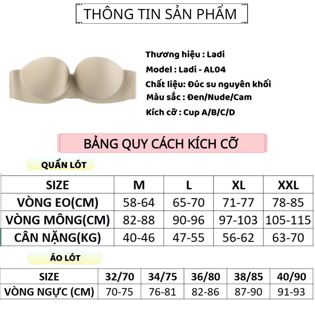 Áo Lót Nữ LADI Đúc Su Cao Cấp Nâng Ngực Không Dây Thiết Kế Chống Tụt Mẫu AL04