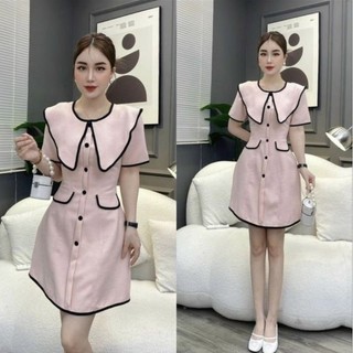 Đầm form A cổ sen viền túi đắp