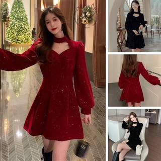 Váy đỏ - Đầm nhung đỏ cổ choker trơn cực sành điệu cho mùa đông dieuanh_5202