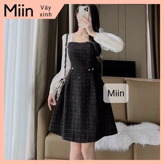 Váy dạ cổ vuông tay tơ eo đính 4 khuy đá
