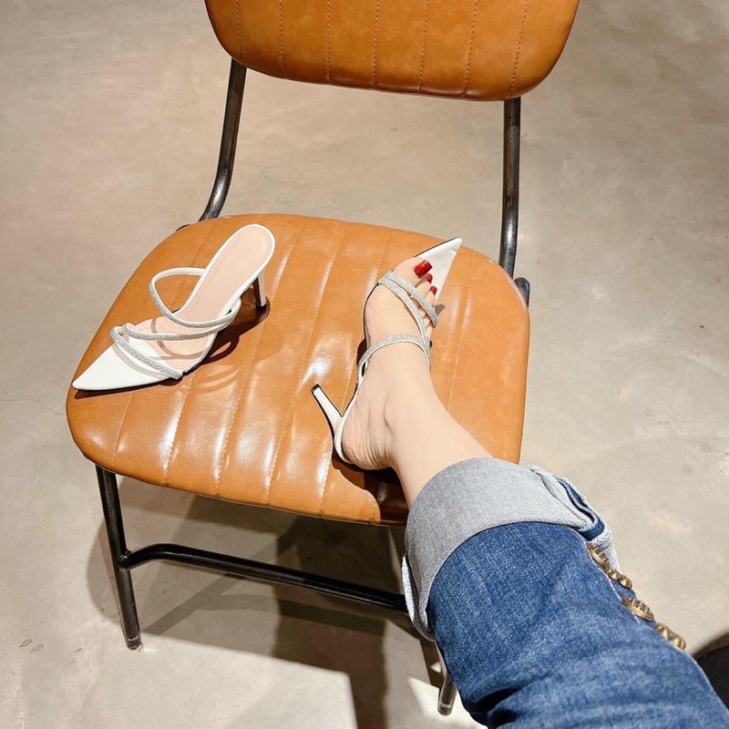 👠Ảnh Thật👠 Dép cao gót quai mảnh đá chéo mũi nhọn gót nhọn 9cm