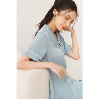 Bộ Pijama Lụa Xanh Cổ Sen Tròn Basic LPN26