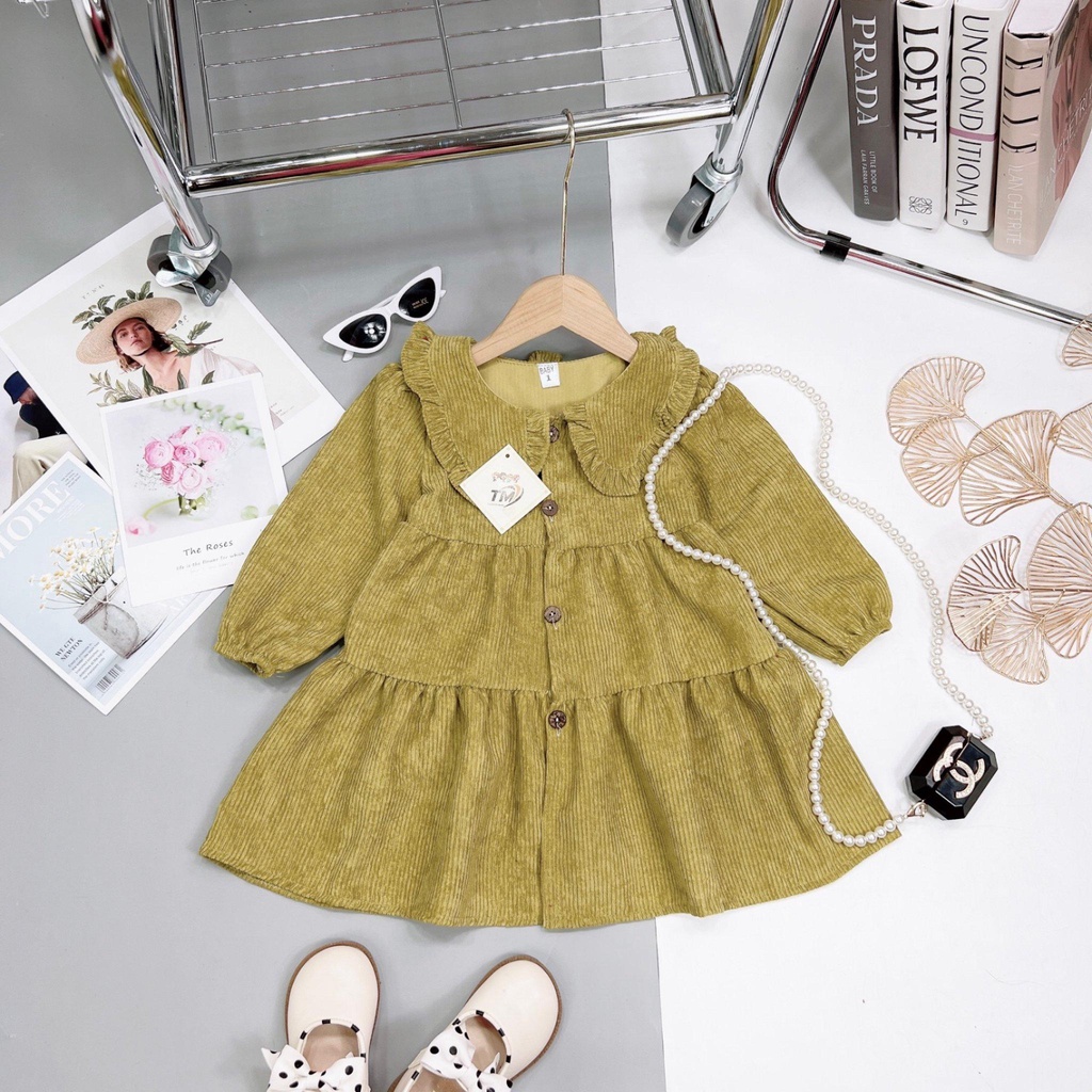 Váy Nhung Tăm Gân Dày Dặn Mềm Mại Thu Đông Dành Cho Bé Gái 10-18kg