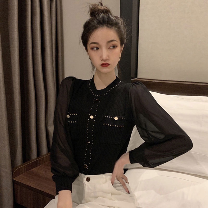 Aphrod Áo Sweater Dệt Kim Chiffon Cổ Tròn Khoét Rỗng Phối Màu Tương Phản Đơn Giản Thời Trang Cho Nữ