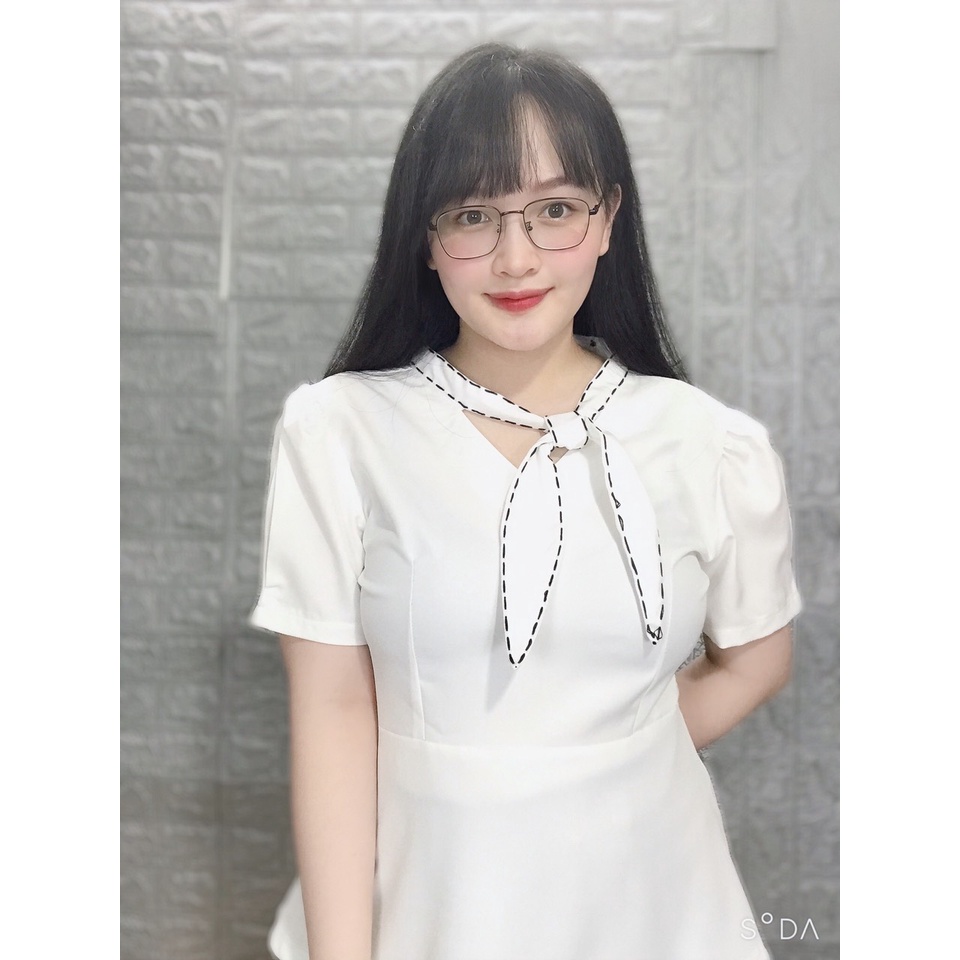 Áo sơmi kiễu công sở phom peplum viền chỉ cột nơ HH. Bigsize chấtt cotton lạnh