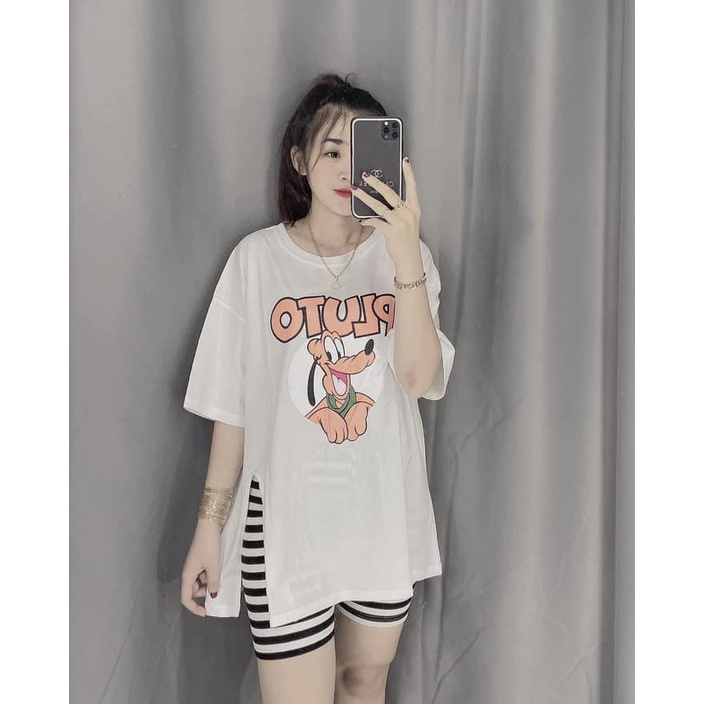 Đồ bộ nữ, set đồ bộ quần lửng ngố thun gân borip và áo thun cotton ngắn tay form rộng freesize xẻ tà in hình cute