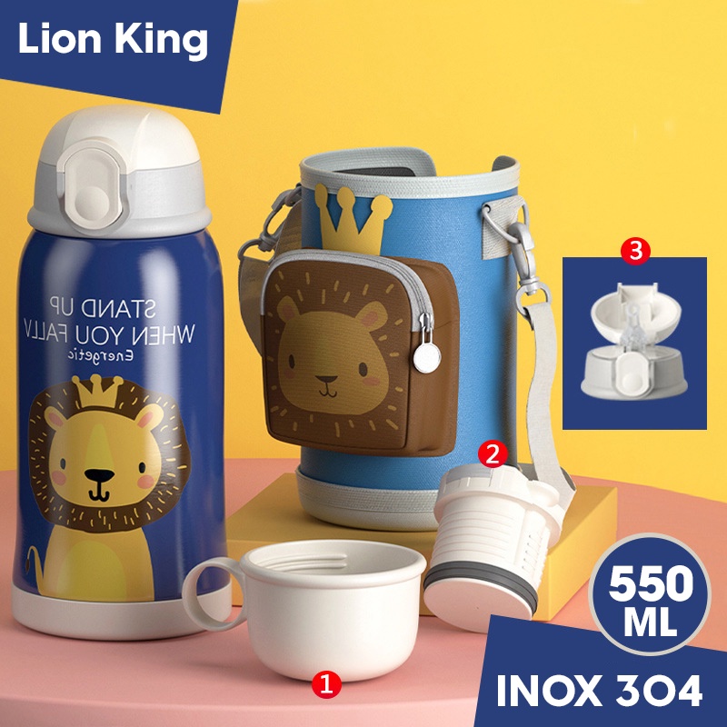 Bình giữ nhiệt cho bé đi học Cao cấp 550ml ROYAL LOCKE 304. Có Ống Hút Nước tặng kèm ca, nắp giữ nhiệt và túi đeo