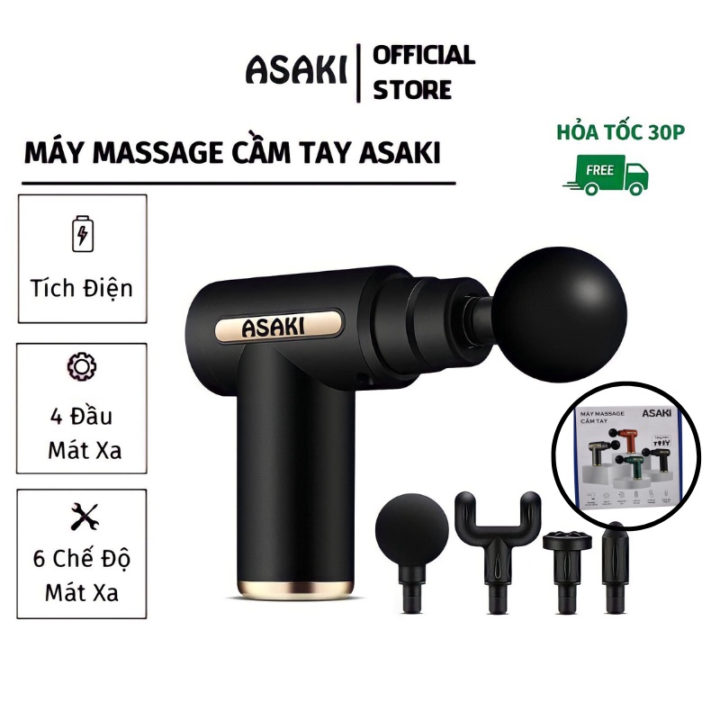 Súng Massage Cầm Tay ASAKI 4 Đầu 6 Chế Độ Máy Đấm Lưng Mát Xa Giảm Nhức Mỏi Cổ Vai Gáy