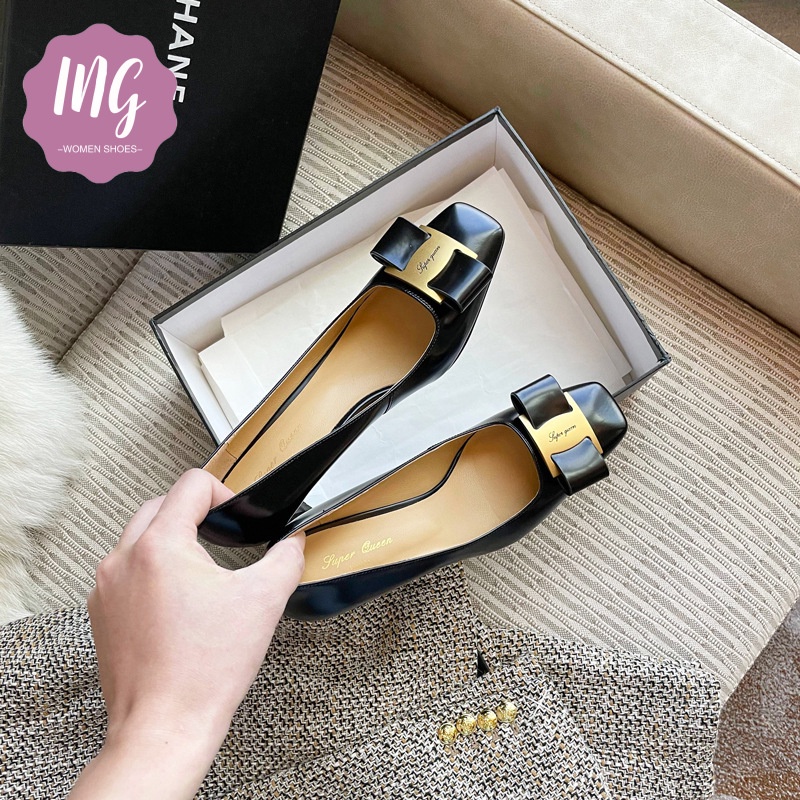 Giày Cao Gót Da Bóng Mũi Vuông Đính Nơ Đơn Giản Cho Nữ