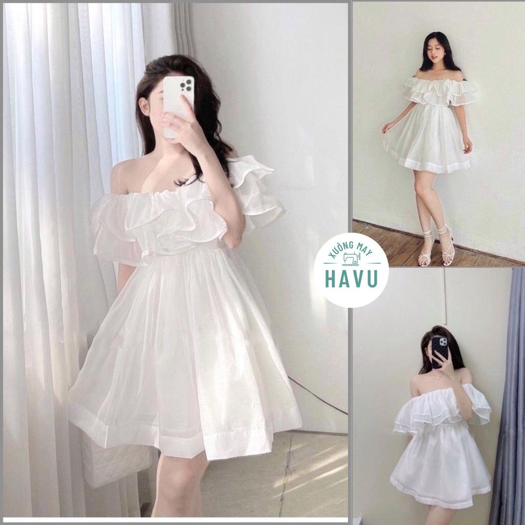 Váy Trễ Vai Voan Tơ Bồng Bềnh Mẫu Mới, Đầm Xòe 2 Lớp Mặc nhiều Kiểu