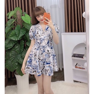 Jumpsuit ngắn giả váy FREESHIP Jum short tay phồng họa tiết đơn giản dây kéo sau lưng xinh xắn-JTAYPHONG
