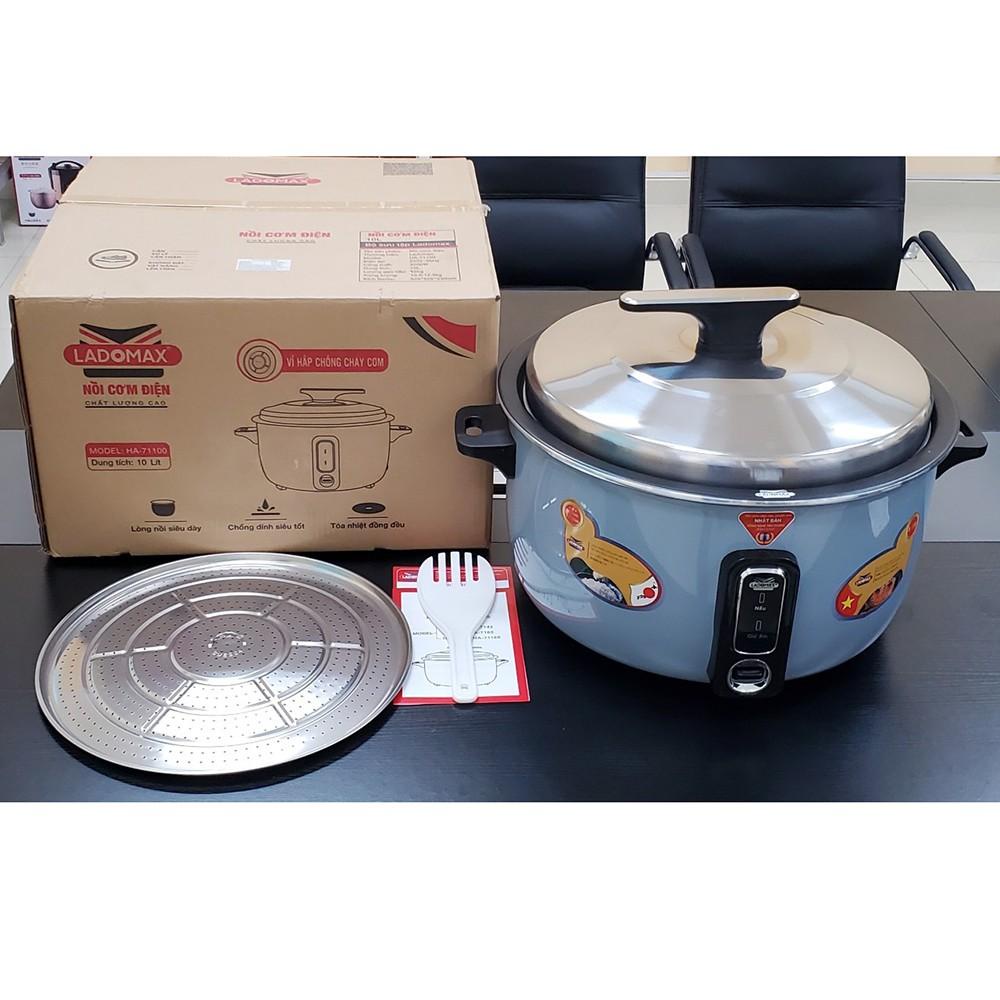 Nồi cơm điện công nghiệp 10L Ladomax HA-71100 có vỉ inox loại bỏ cơm cháy tối đa, dùng cho quán ăn, nhà xưởng