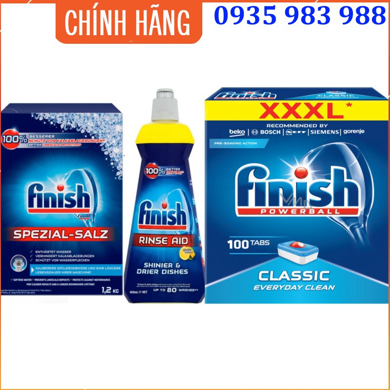 Combo Nước rửa chén Finish 650ml + muối rửa bát finish 1.2kg + Nước làm bóng alio 1 lít dùng cho máy rửa bát