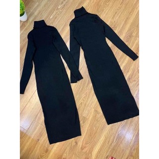 Váy len body dáng dài cổ lọ, đầm body len tăm cổ cao thu đông