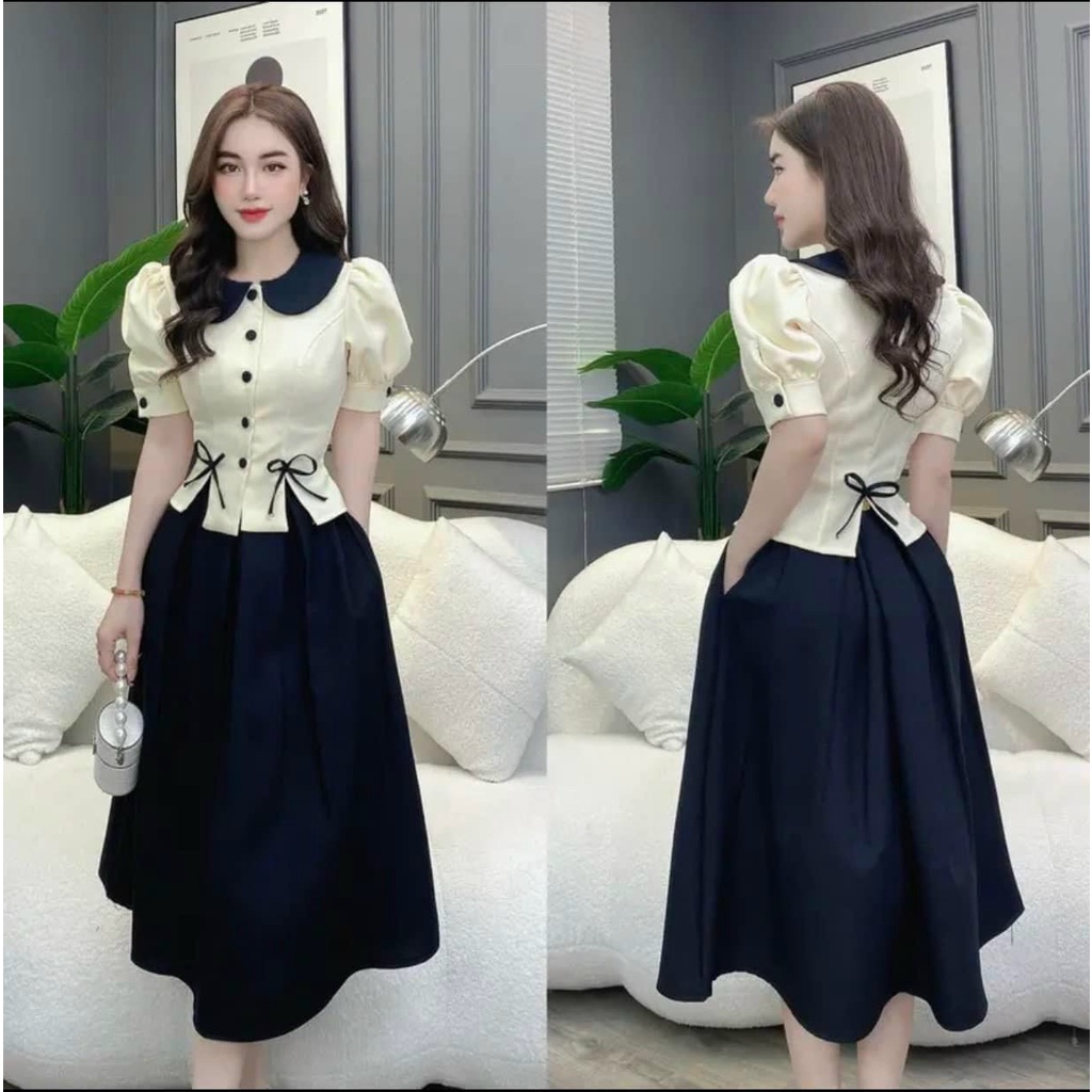 Set áo cổ sen tay phồng kèm chân váy dài chữ A vintage 180000/MS012 MÃ 596