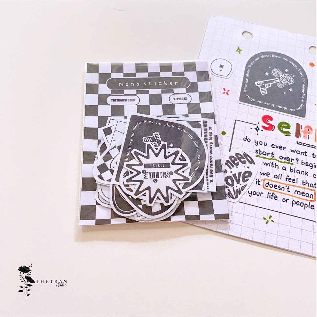 Bộ 27 sticker cute họa tiết bàn cờ caro trắng đen / checkerboard sticker pack / thetranstudio