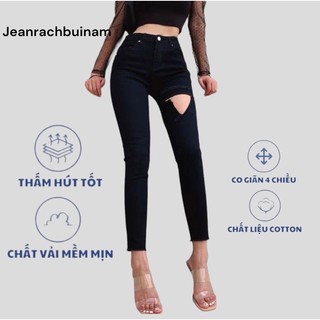 Quần jean nữ rách đùi to, quần bò nữ rách to lưng cao dáng ôm chất vải mịn co giãn 4 chiều