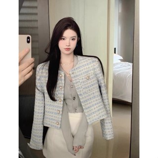 (sẵn) Áo Khoác dạ tweed Xanh Pha Trắng Tay Dài 2 Túi ngực(ảnh thật)