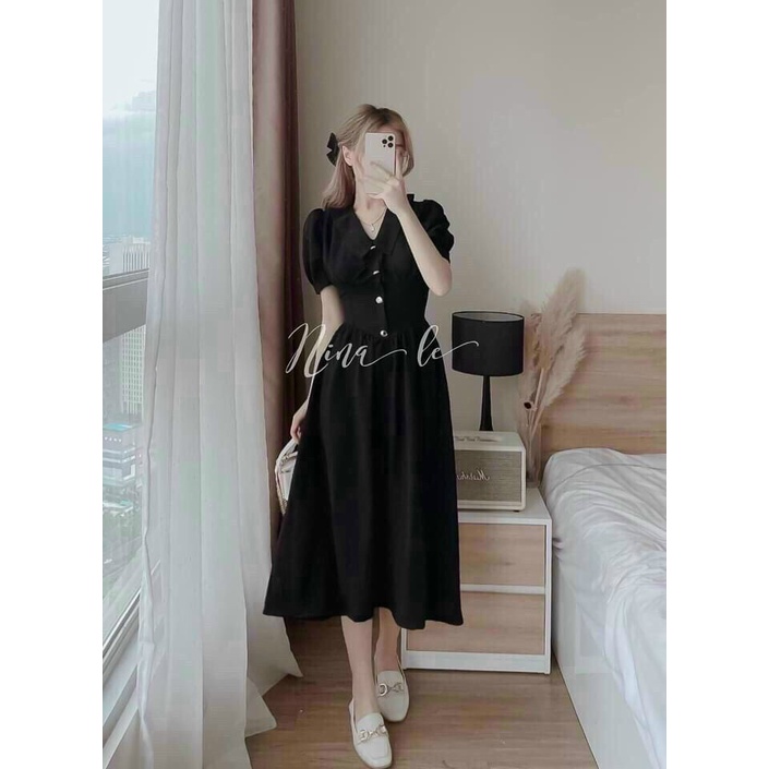 (Sale FreeShip) Đầm tiểu thư dáng dài,đầm cổ bẻ tay phồng nút giữa xinh xắn,thiết kế ôm eo dáng xòe tôn dáng