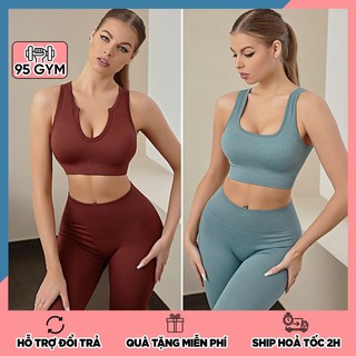 SET bộ đồ tập gym yoga nữ 95Gym SET16 gồm áo bra cổ V / Cổ U và quần legging dài cap cao chất thun dệt gân
