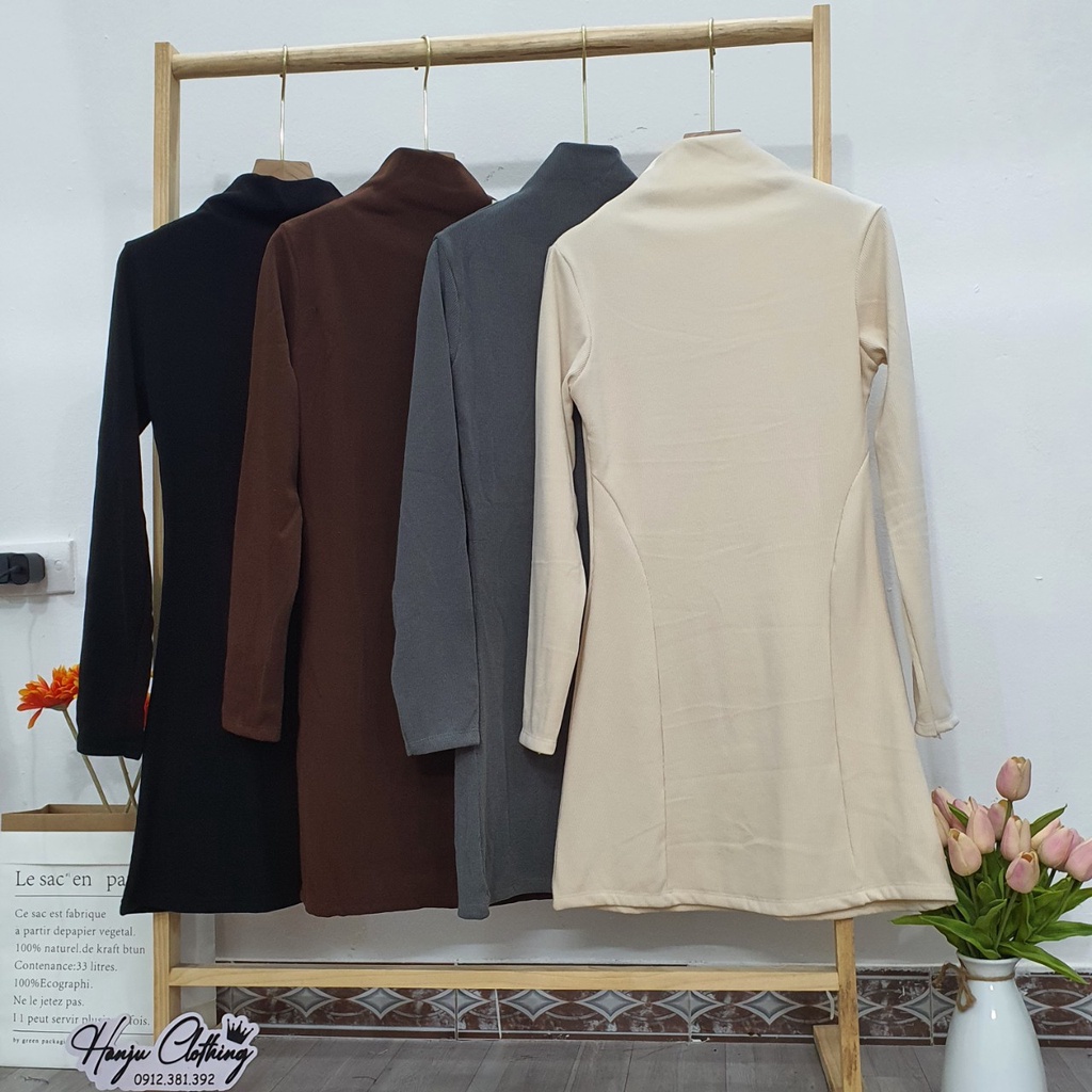 Đầm Váy Dài Tay Cổ 3cm Dáng Ngắn Ôm Body Chữ A Chất Nhung Tăm Mềm Mịn - Hanju