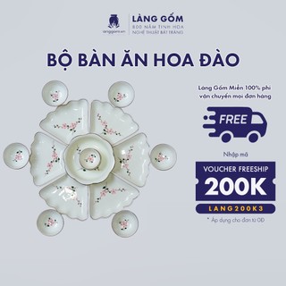 Bộ bát đĩa hoa mặt trời men kem vẽ hoa đào, gốm sứ Bát Tràng cao cấp - LÀNG GỐM