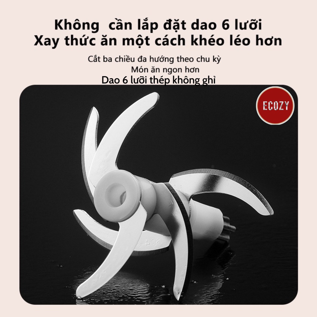 Máy xay mini ECOZY 6 Lưỡi cối thủy tinh máy xay ăn dặm cho bé, xay thịt cháo sinh tố tỏi ớt 300ml