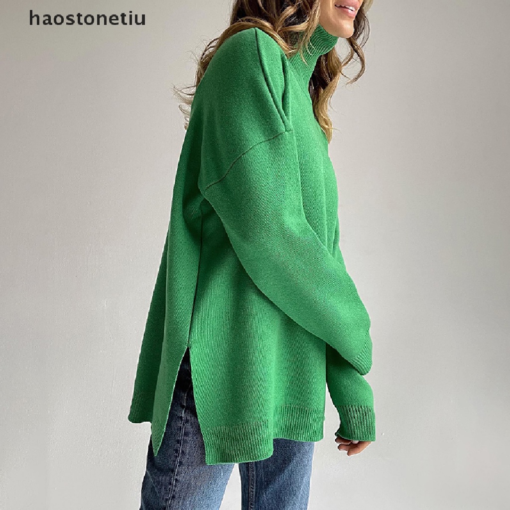 Ha Bornladies Áo sweater Dệt Kim Cổ Lọ Xẻ Tà Màu Xanh Lá Thời Trang Thu Đông Ấm Áp Thoải Mái Cho Nữ n