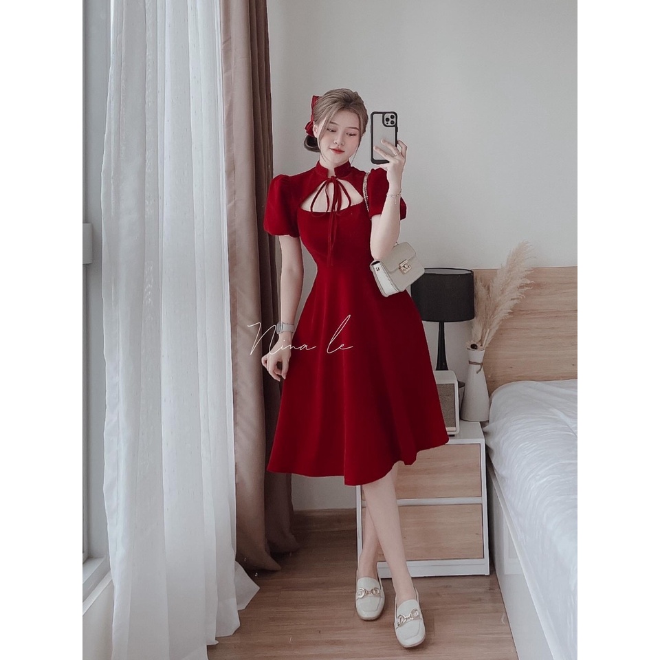 ĐẦM CỔ TÀU DÁNG XÒE MÀU ĐỎ Y HÌNH MẶC NOEN TẾT