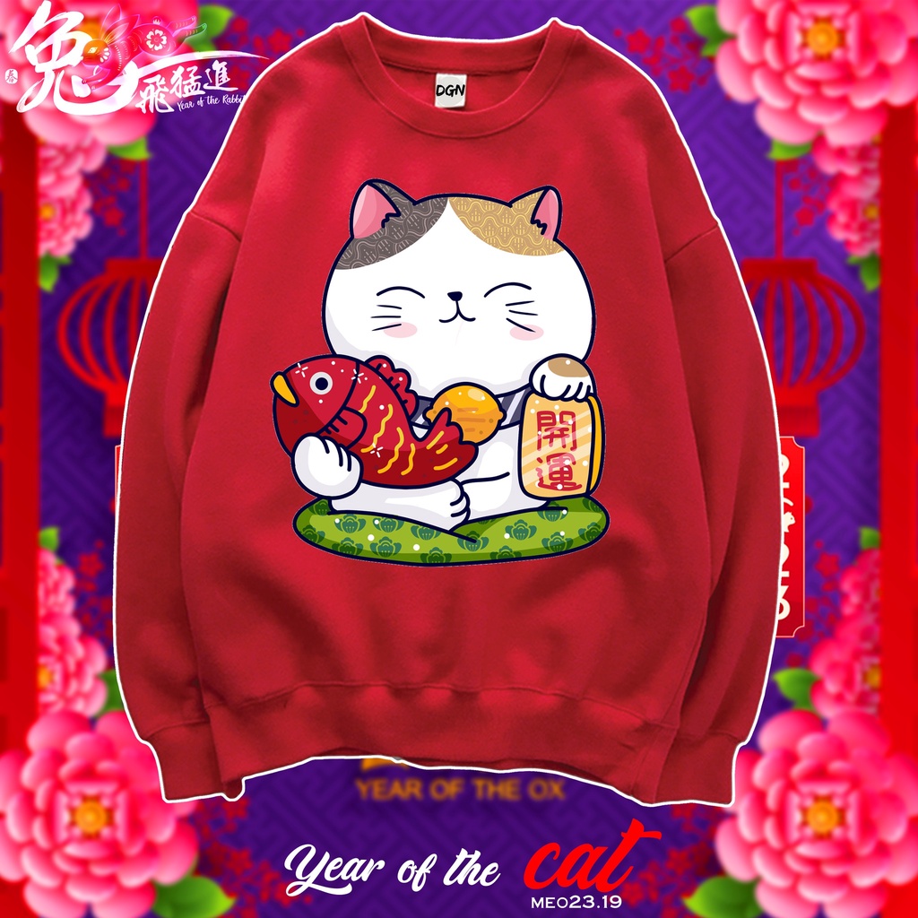 áo sweater Tết gia đình, áo mèo may mắn, áo đỏ Tết MEO23.19