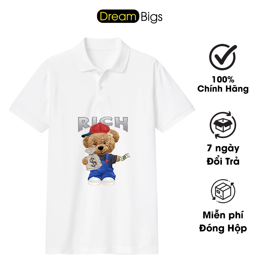 Áo thun polo cổ bẻ Nam Nữ form suông chất poly thái 4 chiều thoáng mát in họa tiết Gấu sắc nét, không phai hình