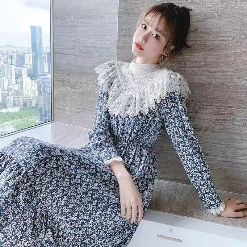 Đầm Chiffon Tay Dài Cổ Búp Bê In Họa Tiết Hoa Phong Cách Pháp Thời Trang Mới 2022 Cho Nữ