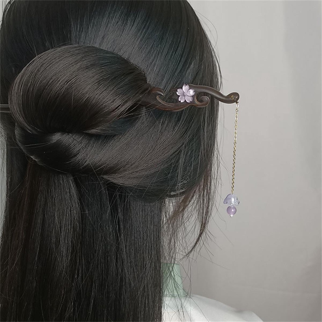 Moouga / Trâm Cài Tóc Bằng Gỗ Mun Hình Hoa Anh Đào Thủy Tinh Phối Tua Rua Cổ Điển