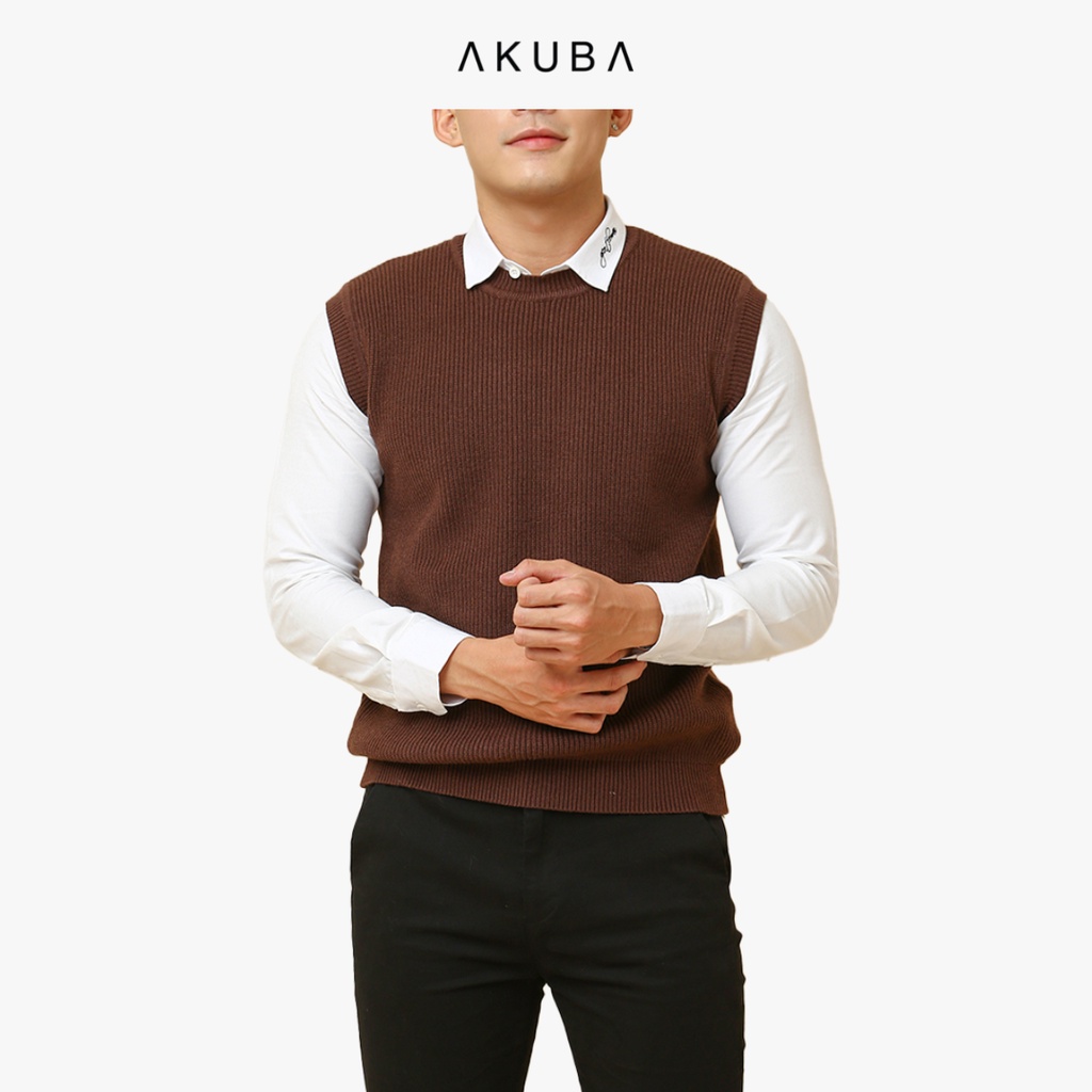 Áo gile nam len trơn AKUBA form regular, chất liệu len dệt kim 029057