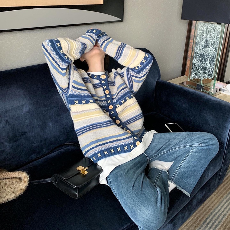 IELGY Áo cardigan Dệt Kim Cổ Tròn Dáng Rộng Màu Xanh Dương Thời Trang Cho Nữ