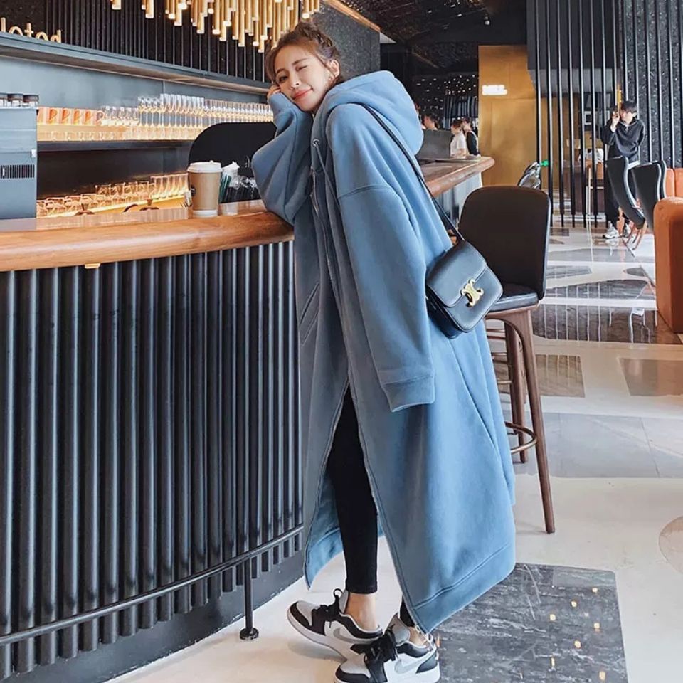 Áo Khoác Cardigan Có Nón Phối Khóa Kéo Dáng Rộng Thời Trang Thu Đông Cho Nữ 1.0-150kg