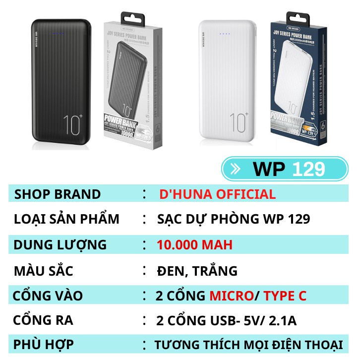 Sạc Dự Phòng 10000mAh WK DESIGN WP-129, Pin Dự Phòng Chính Hãng NEXAGE Hỗ Trợ Sạc Nhanh 2.1A Với 2 Cổng Sạc Tiện Lợi